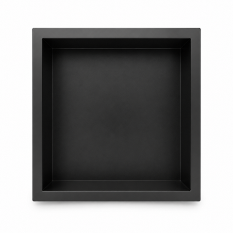 Mat zwarte RVS inbouwnis van 30x30 cm in een betegelde douchewand