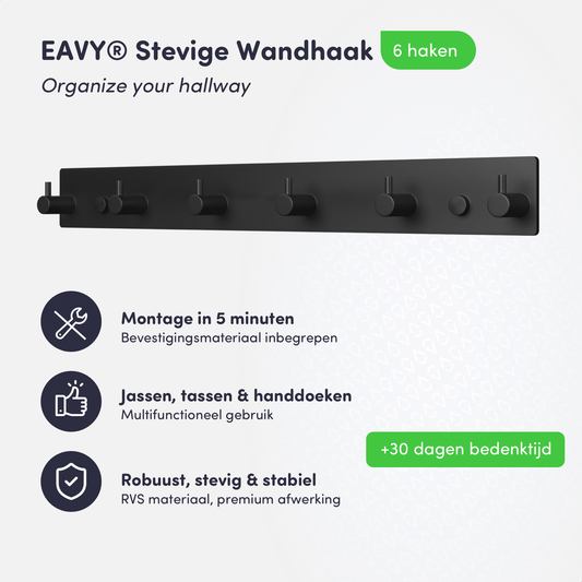 EAVY - Wandkapstok - Kapstok - Handdoekrek - 6 Haaks - 39 cm - RVS - Zwart