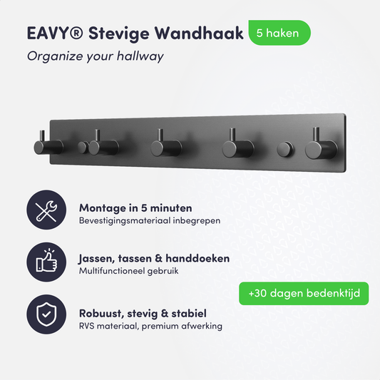 EAVY - Wandkapstok - Kapstok - 5 Haaks - 32 cm - RVS - Gun Metal - Handdoekrek
