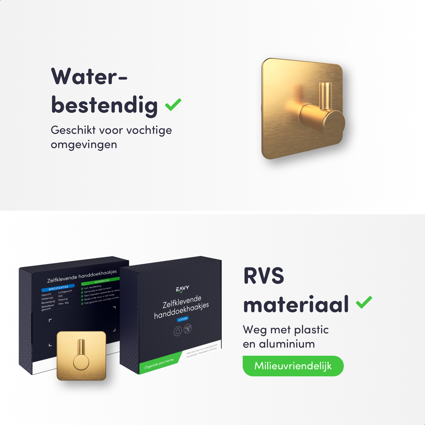 EAVY Zelfklevende Handdoekhaakjes – Set van 2 Handdoekhouders - Goud - RVS