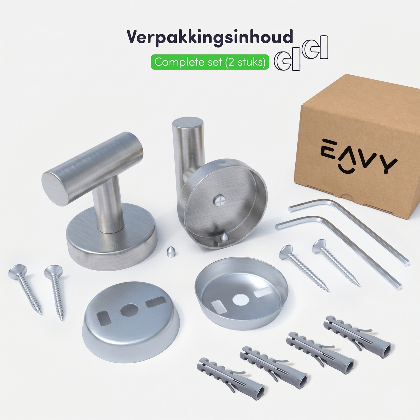 EAVY - Handdoekhaak set van 2 - Boren - Schroef - RVS