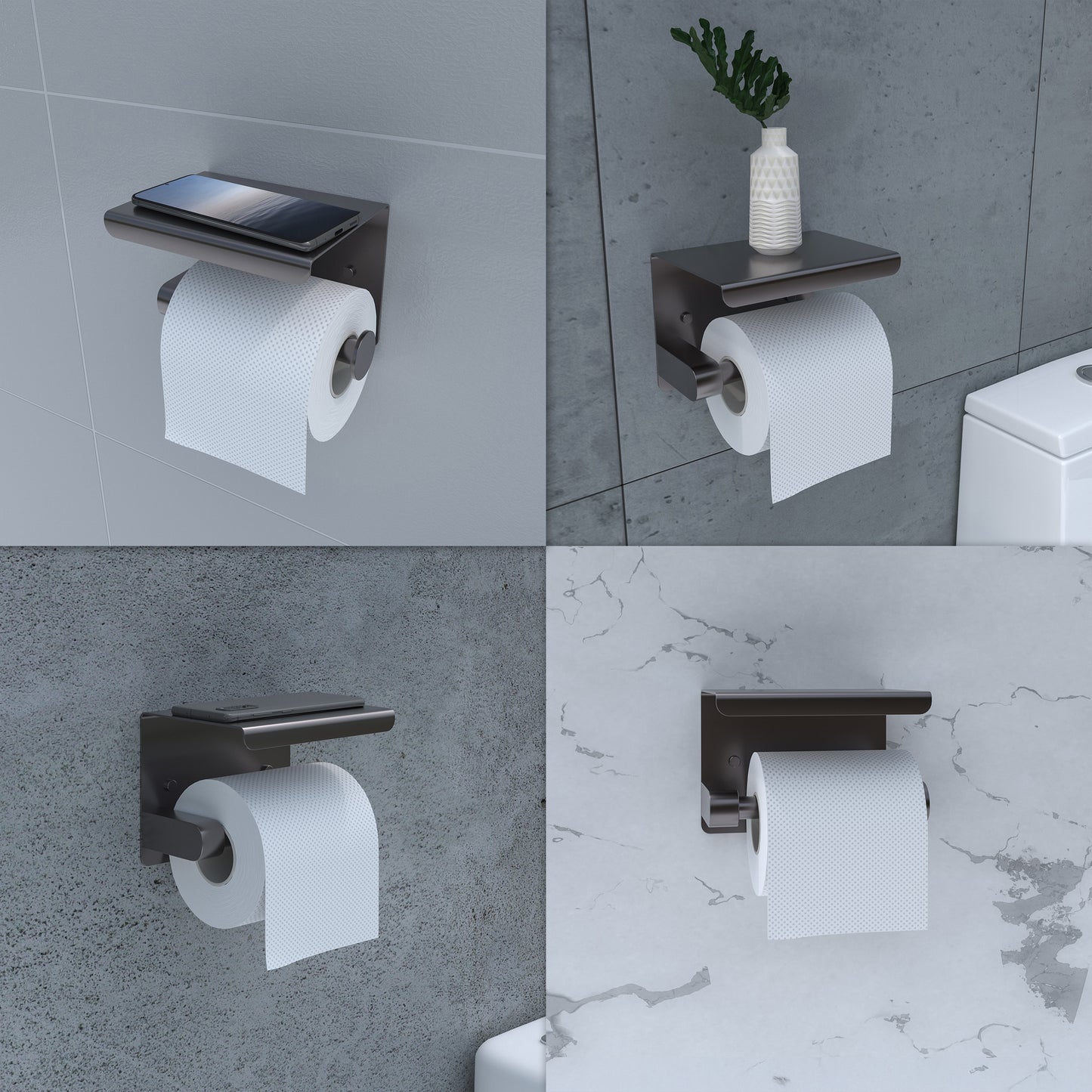 EAVY WC Rolhouder met Plankje - Zelfklevend of Boren - Gunmetal