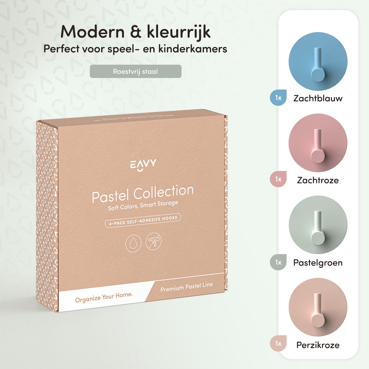 EAVY - Kinderkapstok - Zelfklevende handdoekhaakjes - Pastel Kleuren - Rond - RVS - 4 stuks