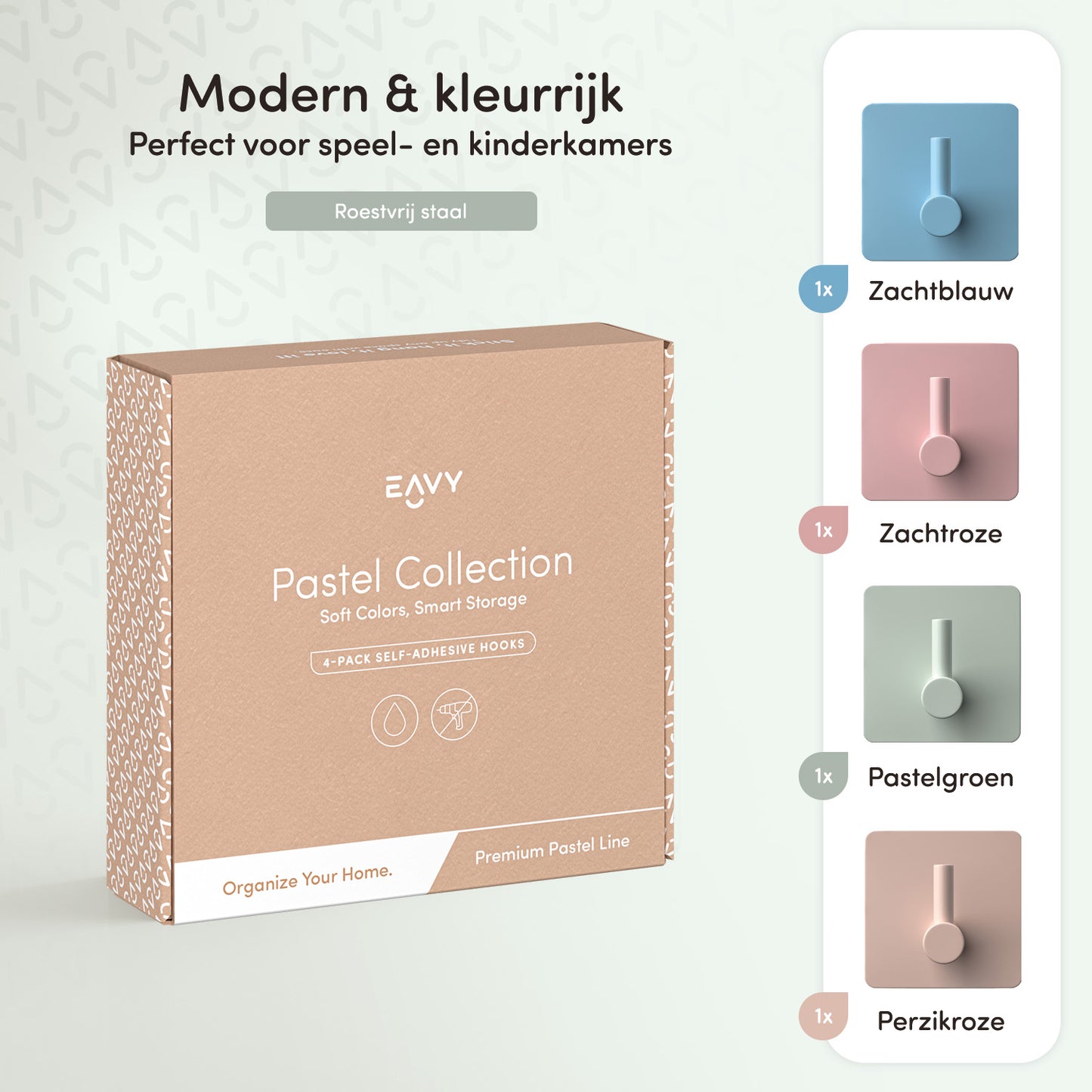 EAVY - Kinderkapstok - Zelfklevende handdoekhaakjes - Pastel Kleuren - Vierkant - RVS - 4 stuks
