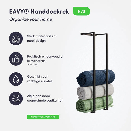 EAVY Handdoekenrek - 70x20x14 - Handdoekrek Mat Zwart - RVS - EAVY.NL