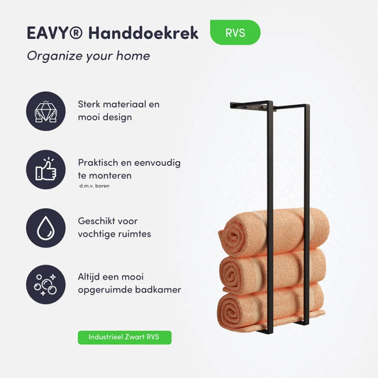 EAVY Handdoekenrek - 90x25x20 - Handdoekrek Mat Zwart - RVS - EAVY.NL