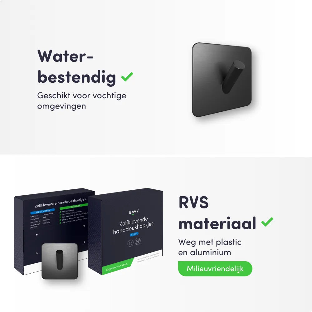 EAVY - Set van 4 Zelfklevende handdoekhaakjes RVS - Gunmetal - EAVY.NL