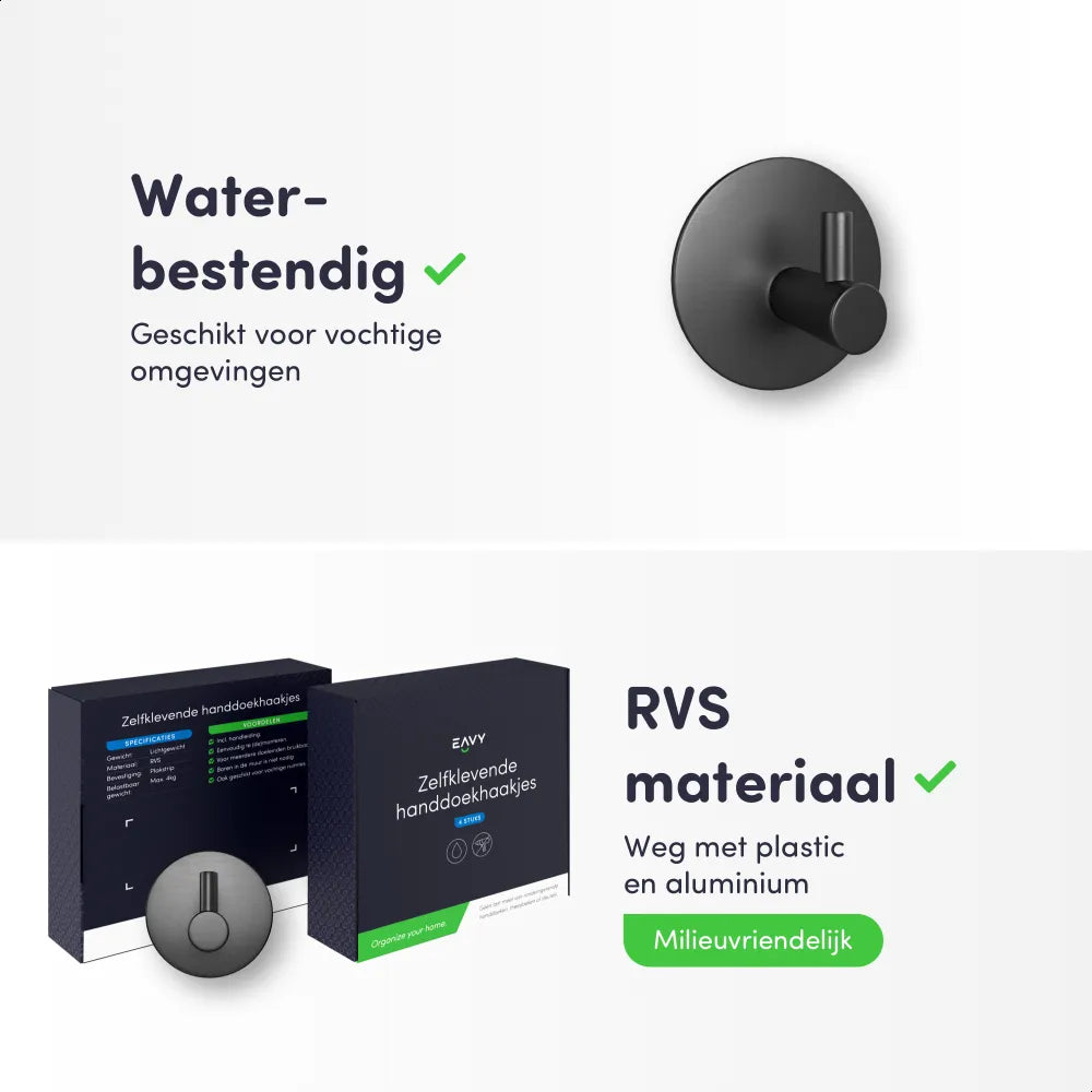 EAVY - Set van 4 Zelfklevende handdoekhaakjes RVS - Gunmetal - EAVY.NL