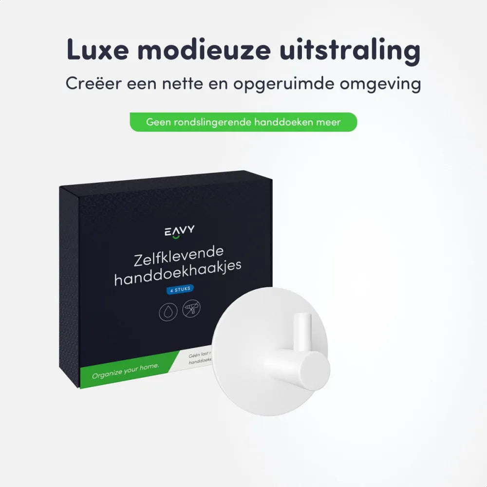 EAVY - Set van 4 Zelfklevende handdoekhaakjes RVS - plakhaak - WIT - EAVY.NL