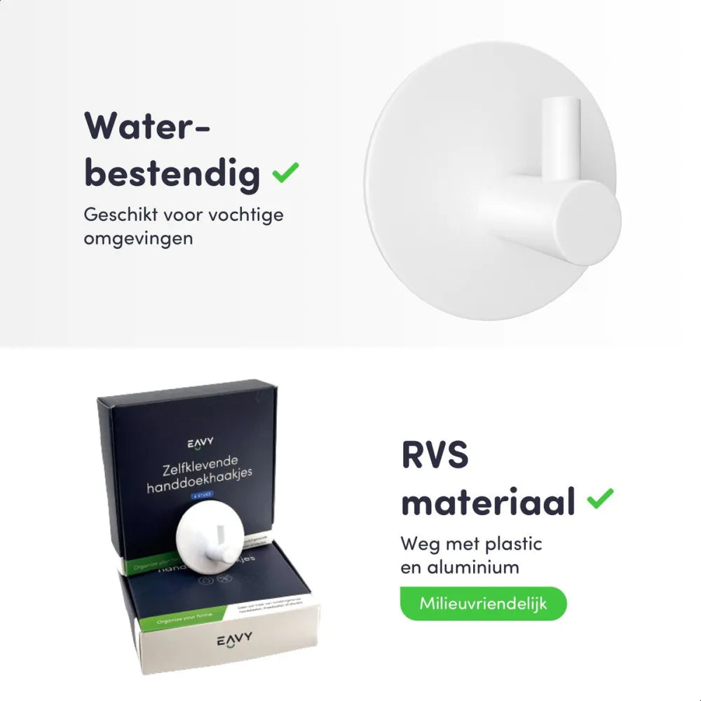 EAVY - Set van 4 Zelfklevende handdoekhaakjes RVS - plakhaak - WIT - EAVY.NL