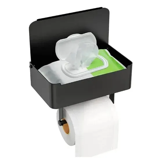 Toiletrolhouder Zwart met Plankje en Bakje - Eavy.nl