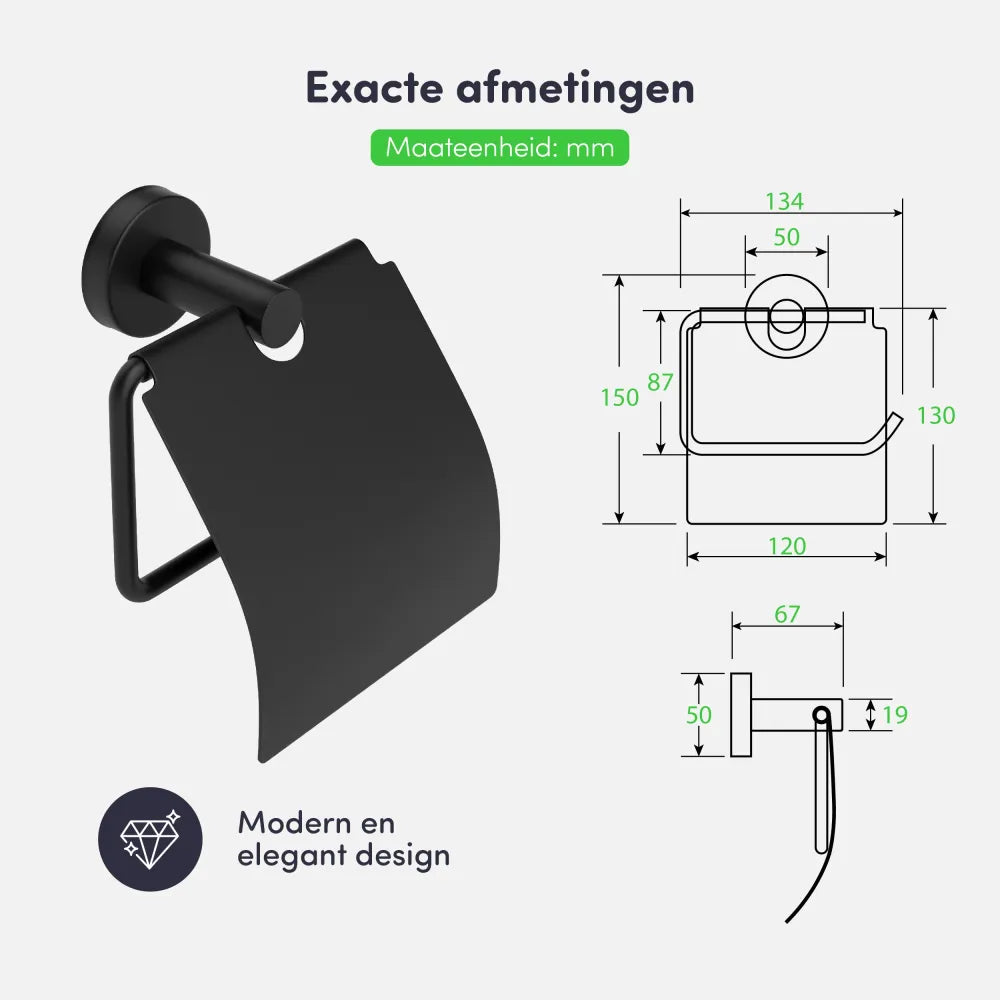 EAVY Toiletrolhouder Zwart - Close-up van Klep en Houder - Afmetingen
