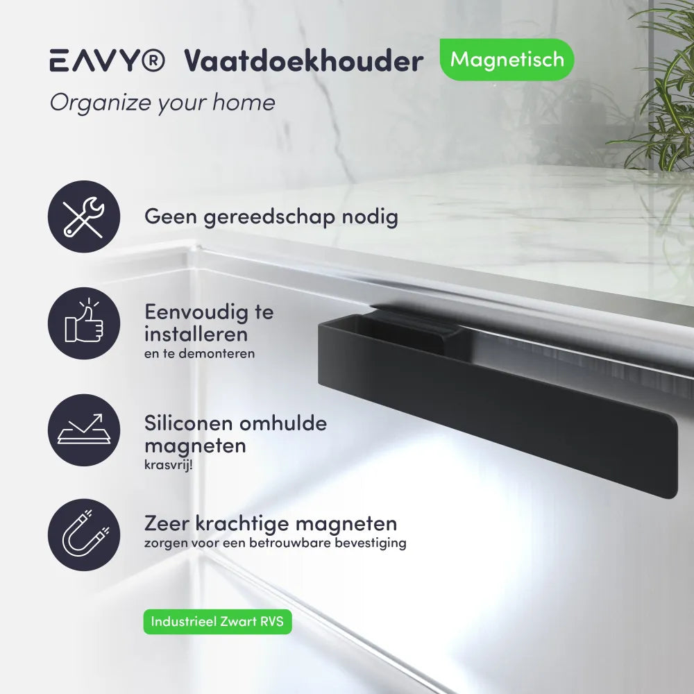 Zijaanzicht van EAVY magnetische vaatdoekhouder met vaatdoek