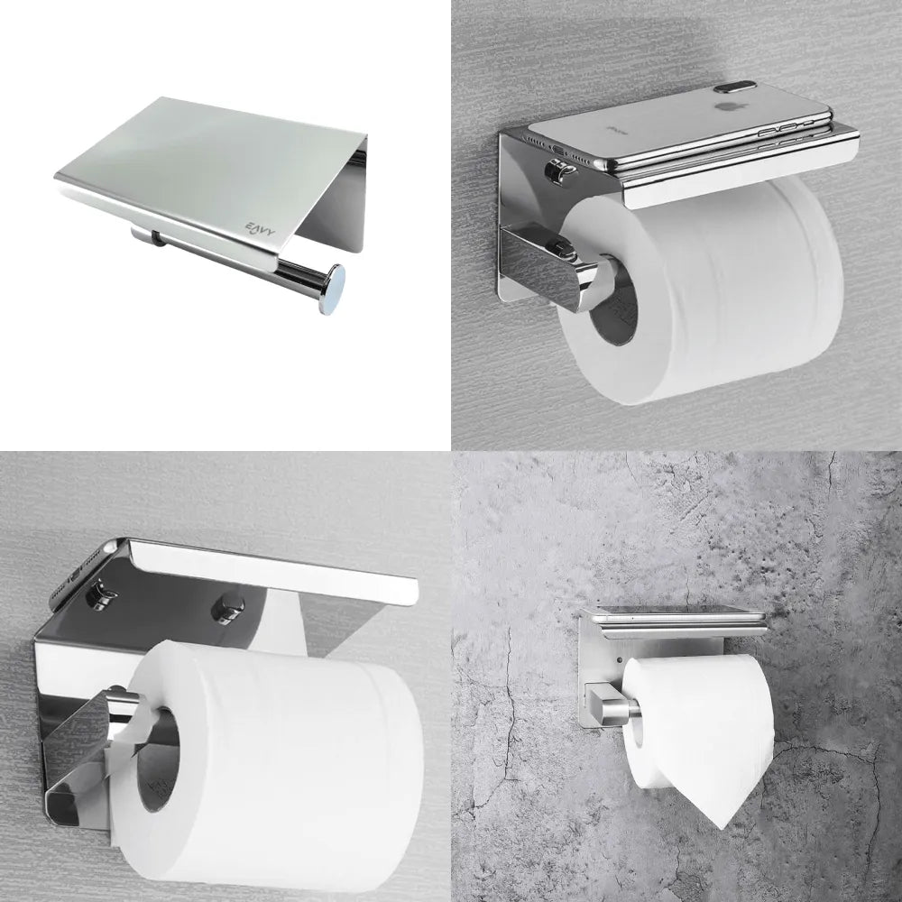 EAVY WC Rolhouder met Plankje - Zelfklevend / Zonder Boren / Boren - Toiletrolhouder - Chroom - Eavy.nl