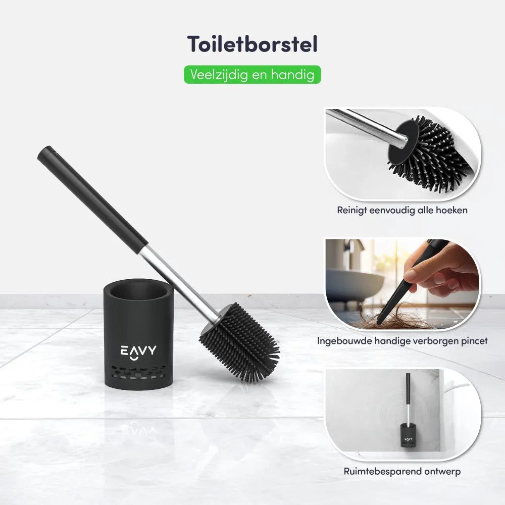 EAVY Toiletborstel met Uitneembare Lekbak - Hygiënisch Siliconen Design - Zwart