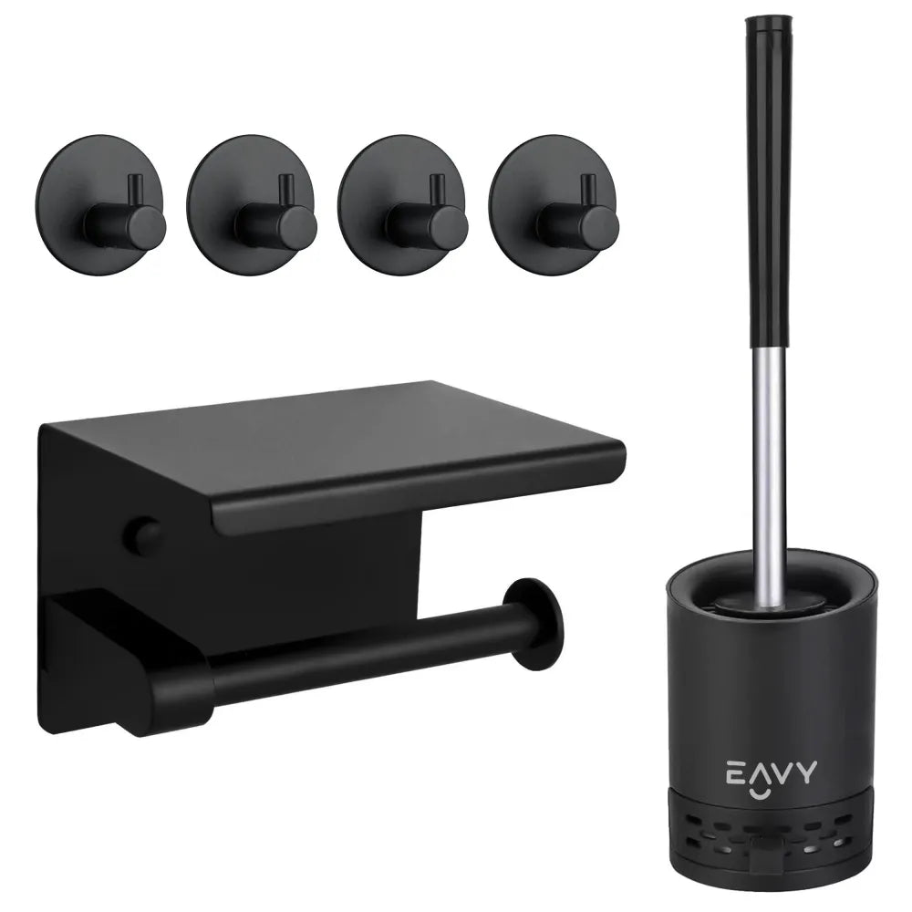 EAVY Voordeel Bundel - WC Rolhouder, Toiletborstel en Handdoekhaakjes - Complete Badkamer Set Zwart RVS