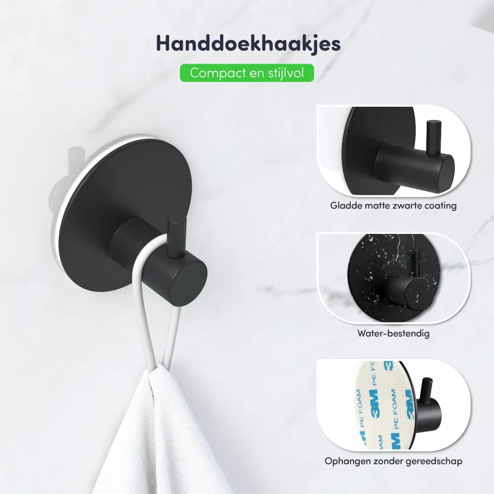 EAVY Badkamer Bundel - Toiletrolhouder, Toiletborstel en Handdoekhaakjes - Stijlvol Zwart Design