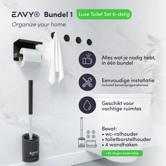 EAVY Badkamer Bundel - Toiletrolhouder met Smartphone Plankje en Toiletborstel - Zwart RVS Design