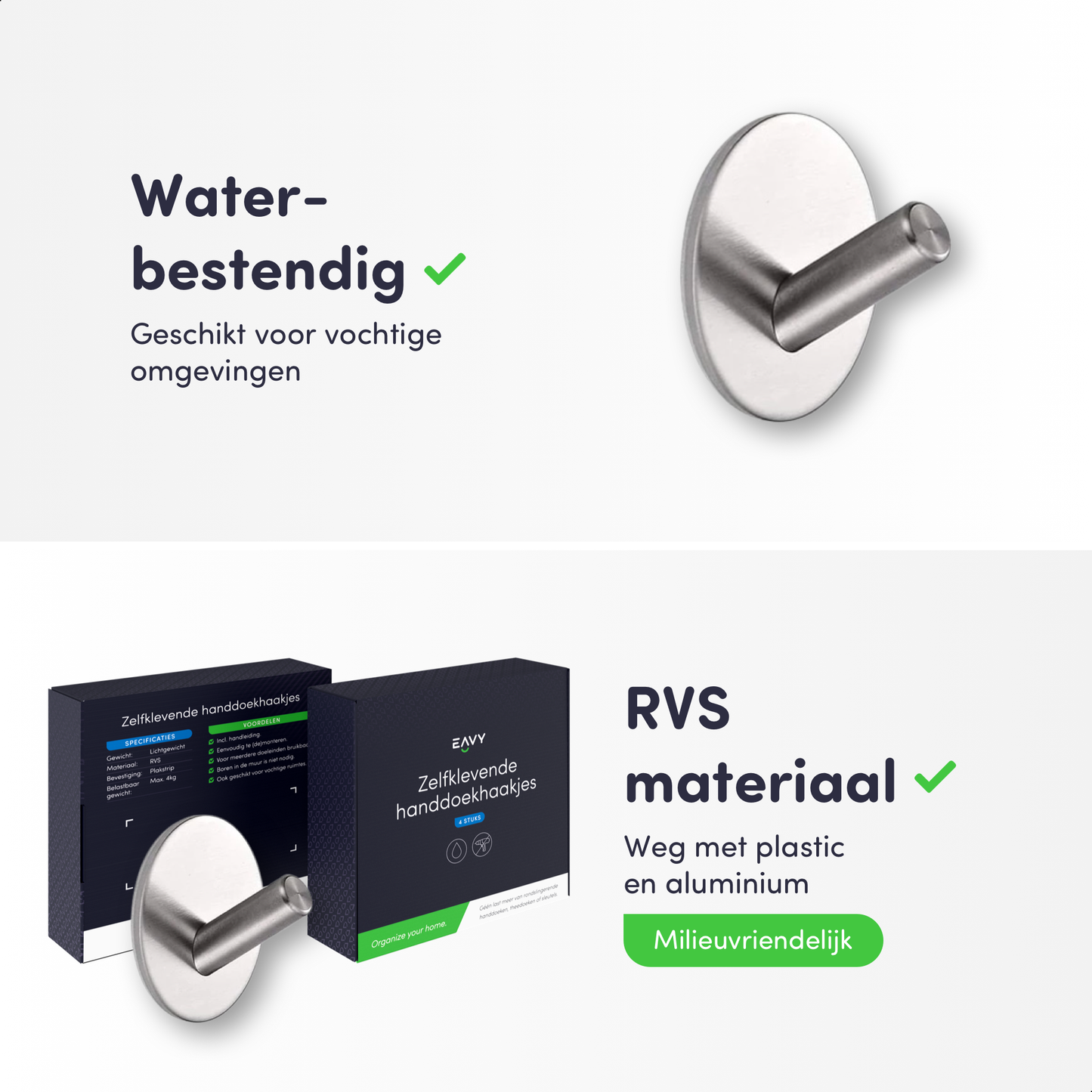 EAVY Zelfklevende Handdoekhaakjes – Set van 4 Handdoekhouders - RVS