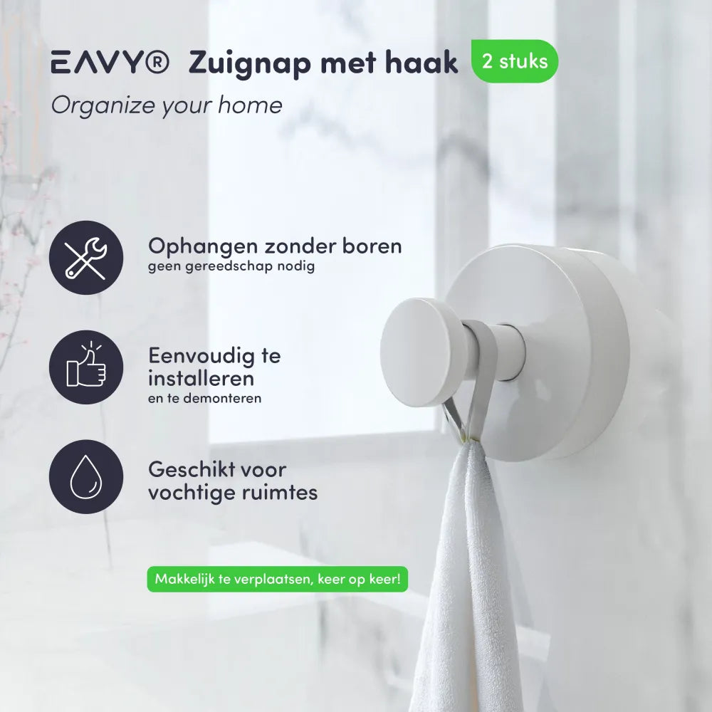 Zuignap met haak (2 stuks) - Handdoekhaakje - Wit - RVS