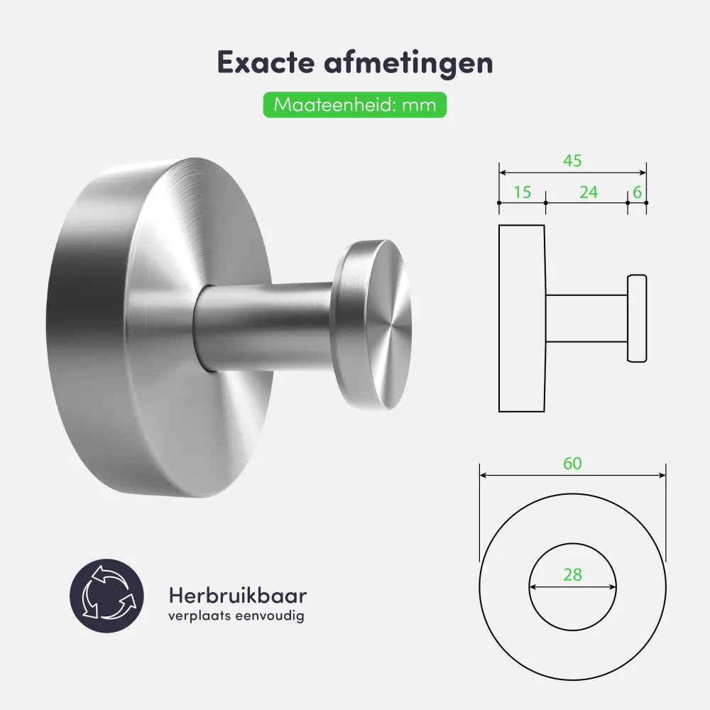 Zuignap met haak (2 stuks) - Handdoekhaakje - Zilver - RVS
