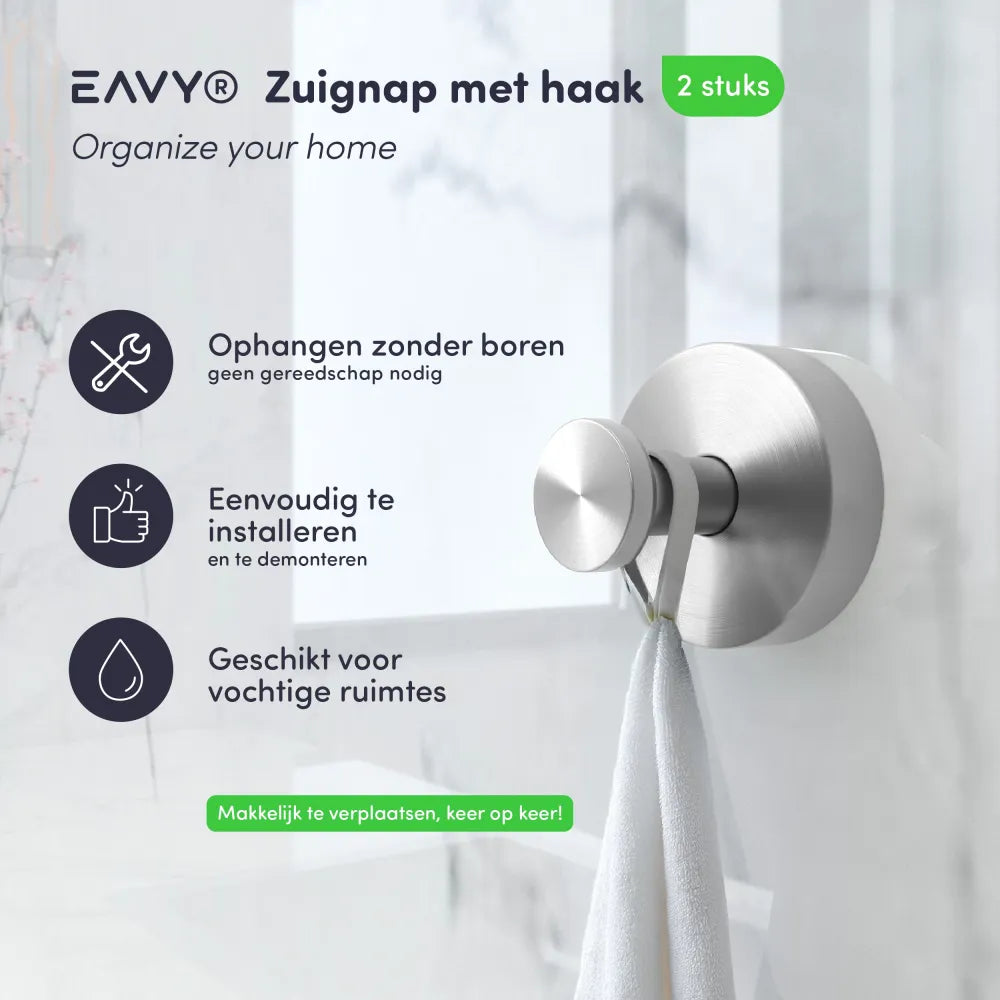 Zuignap met haak (2 stuks) - Handdoekhaakje - Zilver - RVS