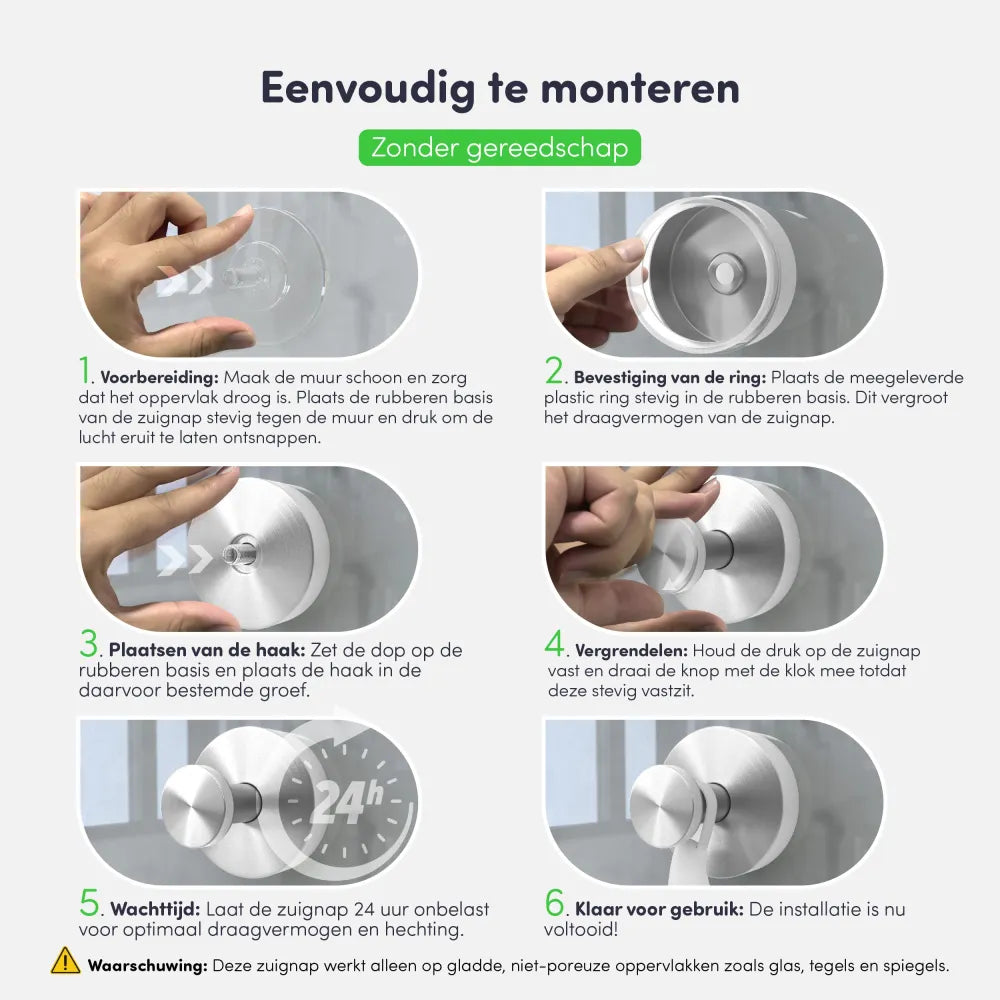 Zuignap met haak (2 stuks) - Handdoekhaakje - Zilver - RVS