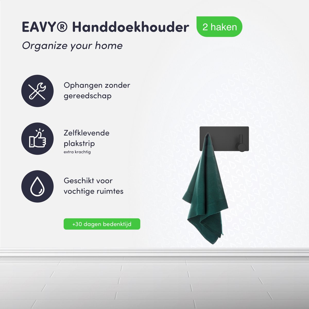 EAVY - Zelfklevende handdoekhaakjes RVS - handdoekhouder - wandhaak - plakhaak - Zwart - EAVY.NL