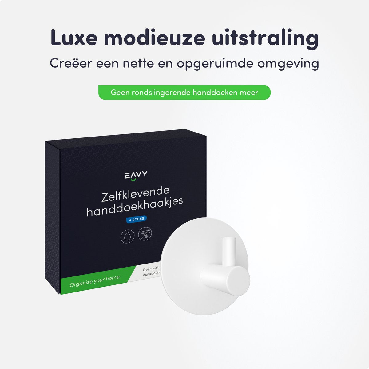 EAVY - Set van 4 Zelfklevende handdoekhaakjes RVS - plakhaak - WIT - EAVY.NL