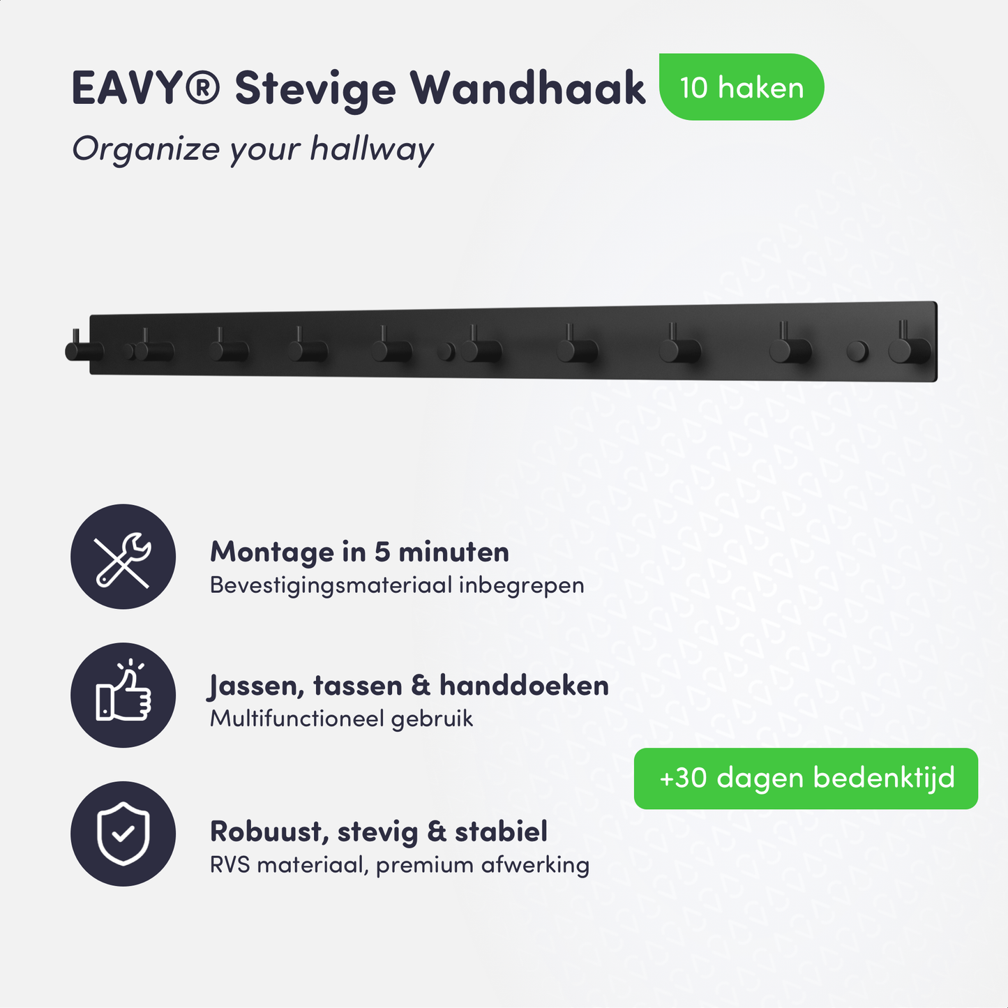EAVY - Wandkapstok - Kapstok - Handdoekrek - 10 Haaks - 67 cm - RVS - Zwart