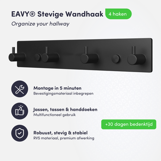 EAVY - Wandkapstok - Kapstok - Handdoekrek - 4 Haaks - 25 cm - RVS - Zwart