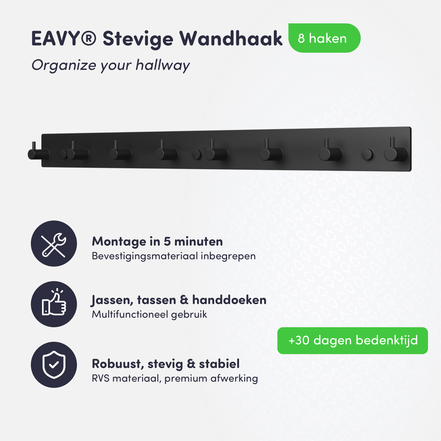 EAVY - Wandkapstok - Kapstok - Handdoekrek - 8 Haaks - 53 cm - RVS - Zwart