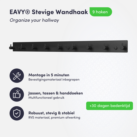 EAVY - Wandkapstok - Kapstok - Handdoekrek - 9 Haaks - 60 cm - RVS - Zwart