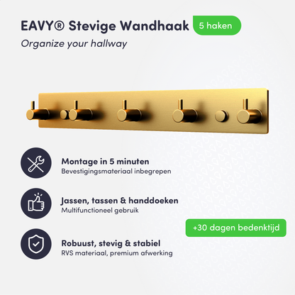 EAVY - Wandkapstok - Kapstok - 5 Haaks - 32 cm - RVS - Goud - Handdoekrek
