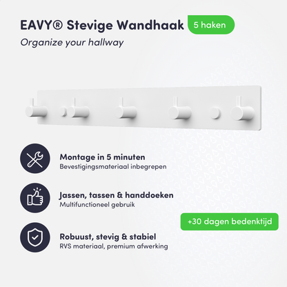 EAVY - Wandkapstok - Kapstok - 5 Haaks - 32 cm - RVS - Wit - Handdoekrek