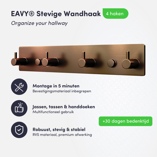 EAVY - Wandkapstok - Kapstok - 4 Haaks - 25 cm - RVS - Geborsteld Koper - Handdoekrek