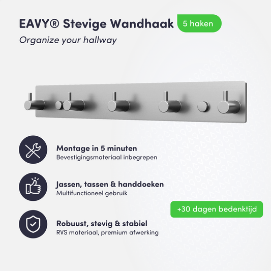 EAVY - Wandkapstok - Kapstok - 5 Haaks - 32 cm - RVS - Handdoekrek