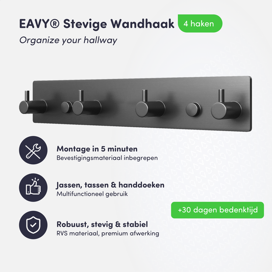 EAVY - Wandkapstok - Kapstok - 4 Haaks - 25 cm - RVS - Gun Metal - Handdoekrek