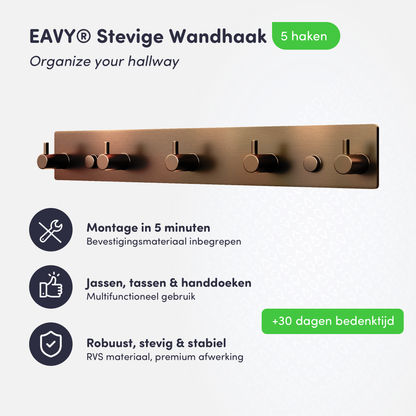 EAVY - Wandkapstok - Kapstok - 5 Haaks - 32 cm - RVS - Geborsteld Koper - Handdoekrek