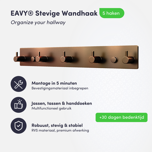 EAVY - Wandkapstok - Kapstok - 5 Haaks - 32 cm - RVS - Geborsteld Koper - Handdoekrek