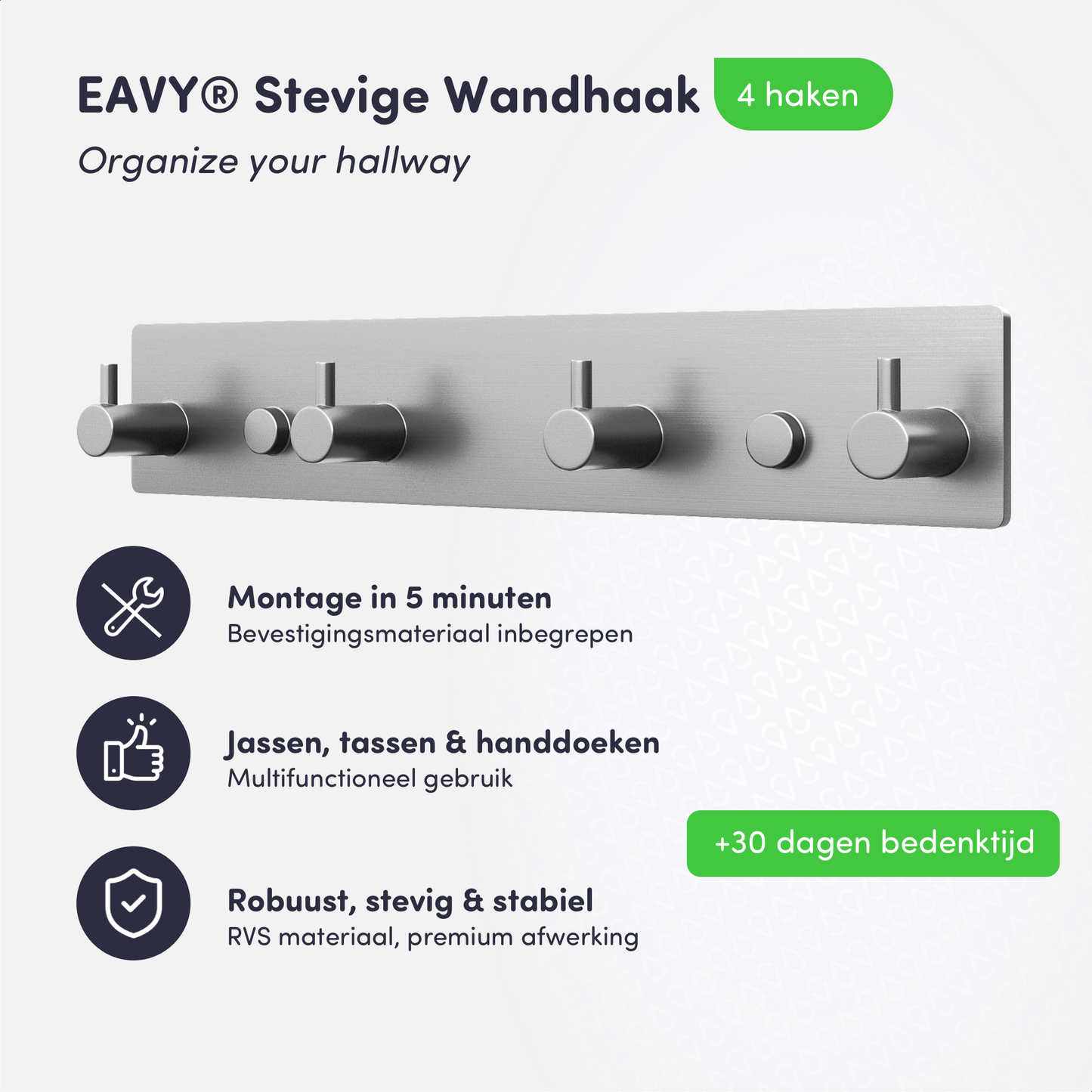 EAVY - Wandkapstok - Kapstok - 4 Haaks - 25 cm - RVS - Handdoekrek