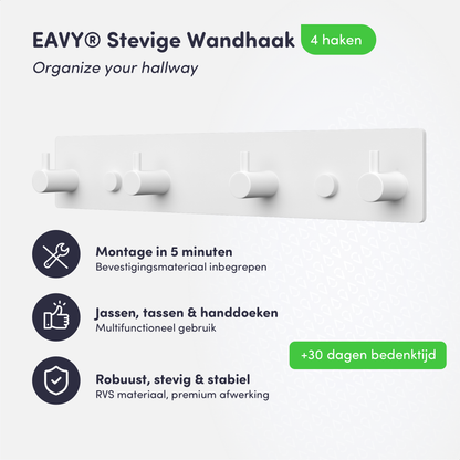 EAVY - Wandkapstok - Kapstok - 4 Haaks - 25 cm - RVS - Wit - Handdoekrek