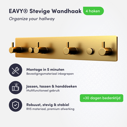 EAVY - Wandkapstok - Kapstok - 4 Haaks - 25 cm - RVS - Goud - Handdoekrek