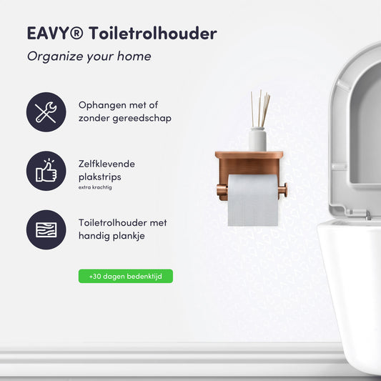 EAVY WC Rolhouder met Plankje - Zelfklevend of Boren - Geborsteld Koper