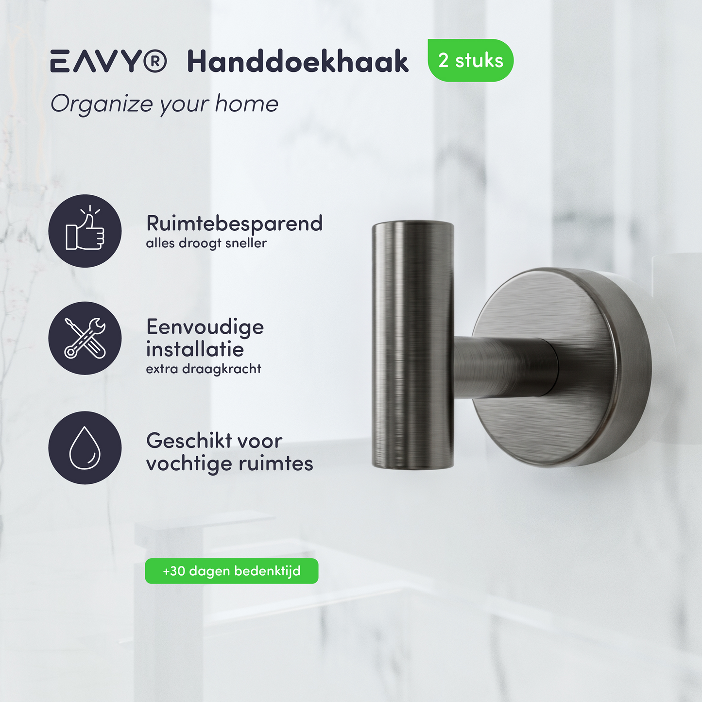 EAVY - Handdoekhaak set van 2 - Boren - Schroef - Gun Metal