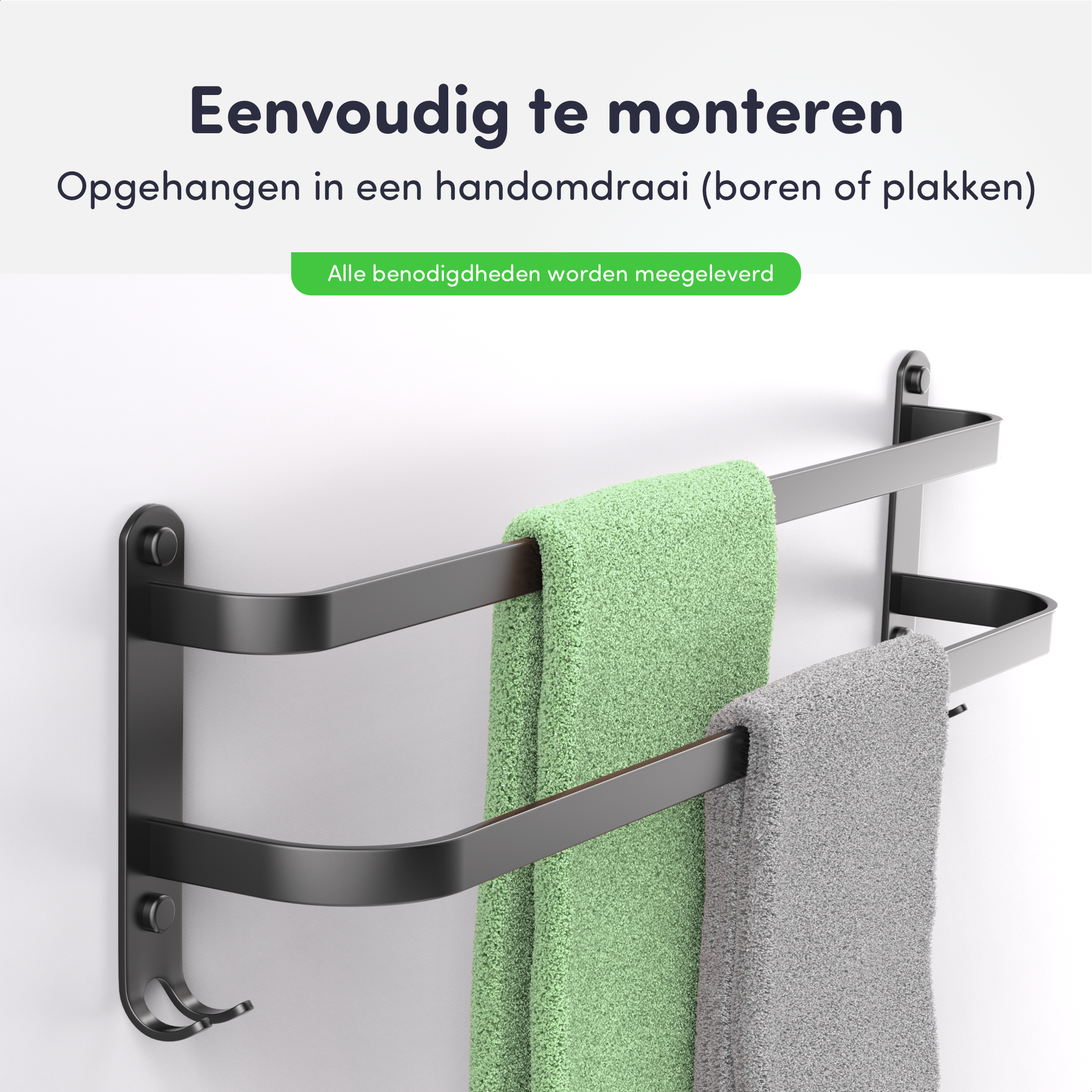 EAVY Handdoekrek - Handdoekhouders - Badkamer - 2 Handdoeken - Handdoekstang - Zwart - Eavy.nl