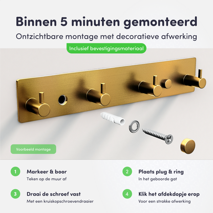 EAVY - Wandkapstok - Kapstok - 4 Haaks - 25 cm - RVS - Goud - Handdoekrek