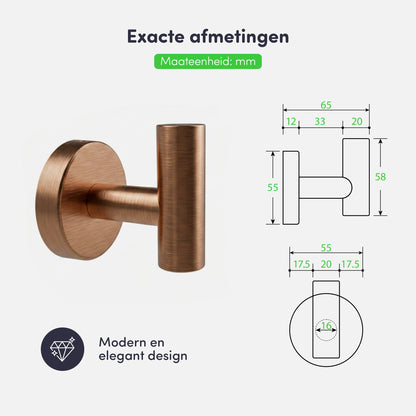 EAVY - Handdoekhaak set van 2 - Boren - Schroef - Geborsteld Koper