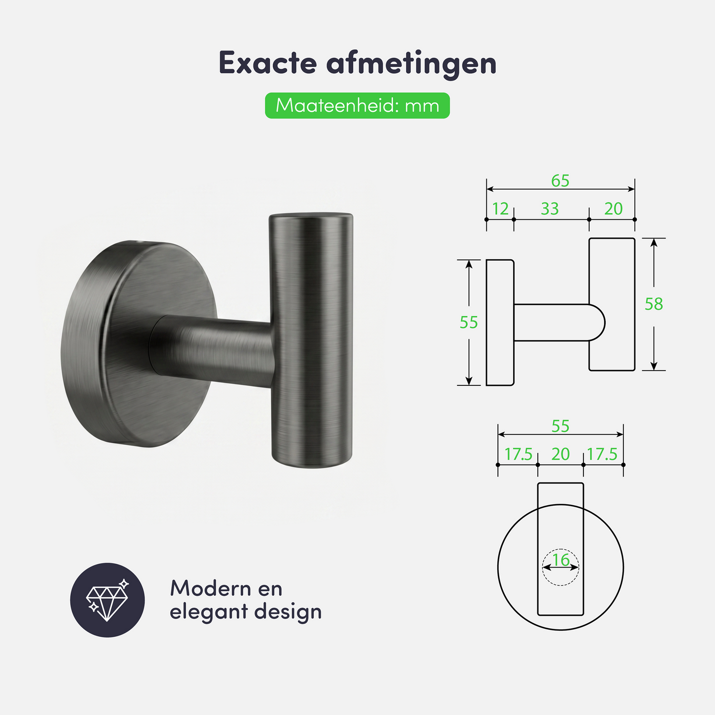 EAVY - Handdoekhaak set van 2 - Boren - Schroef - Gun Metal