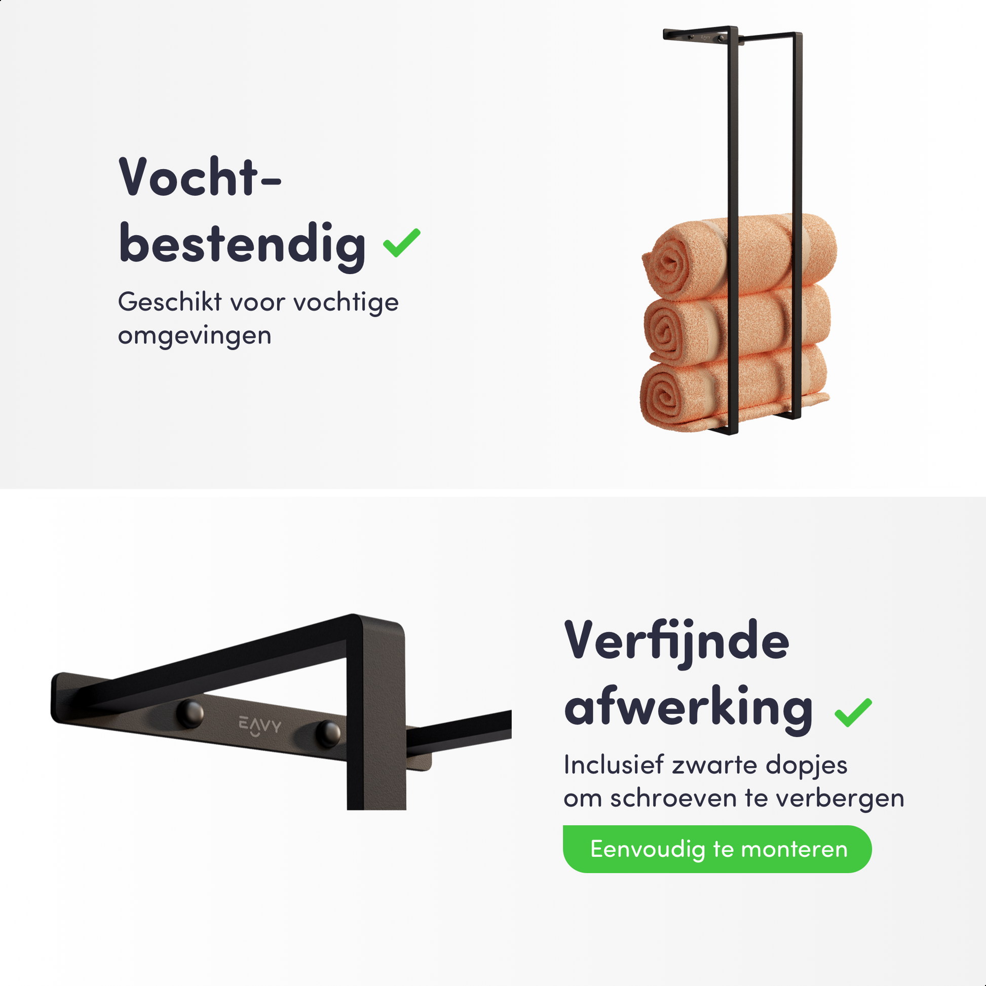 EAVY Handdoekenrek - 70x20x14 - Handdoekrek Mat Zwart - RVS - EAVY.NL